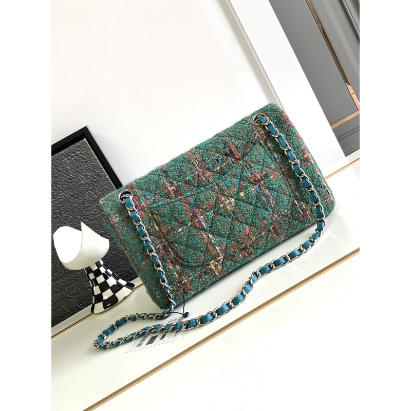 Ch*el flap bag tweed & silver tone metal green