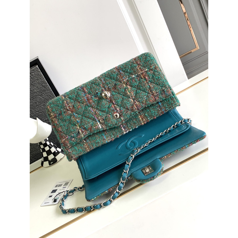 Ch*el flap bag tweed & silver tone metal green