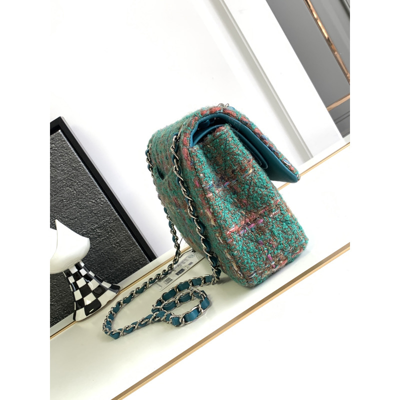 Ch*el flap bag tweed & silver tone metal green