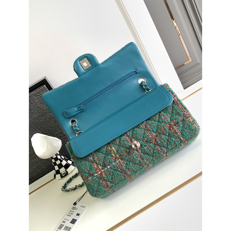 Ch*el flap bag tweed & silver tone metal green