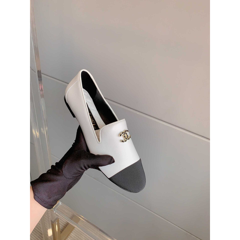 Ch*el moccasins lambskin & grosgrain white & black