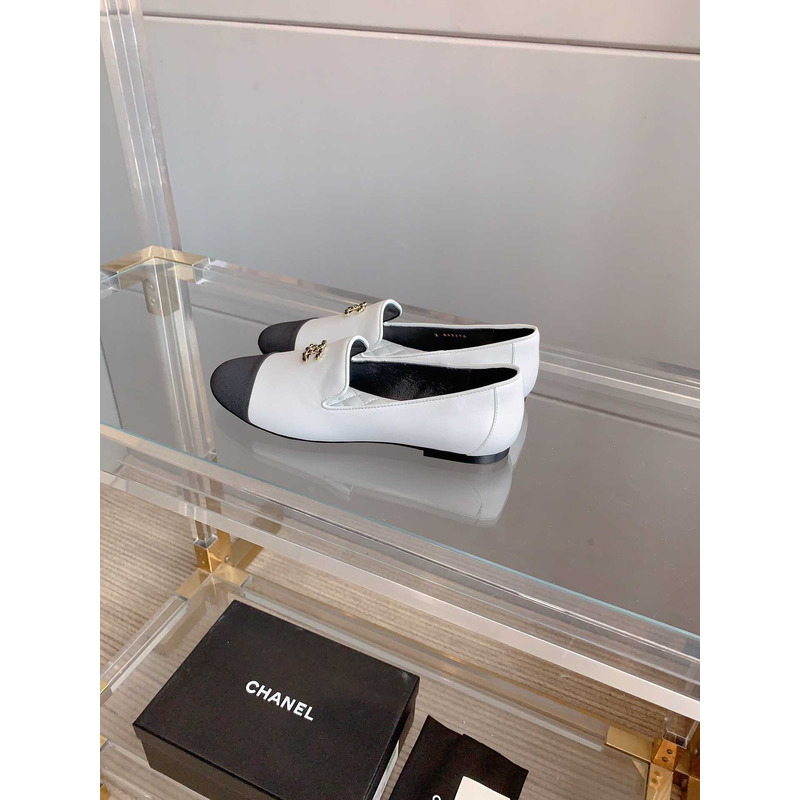 Ch*el moccasins lambskin & grosgrain white & black