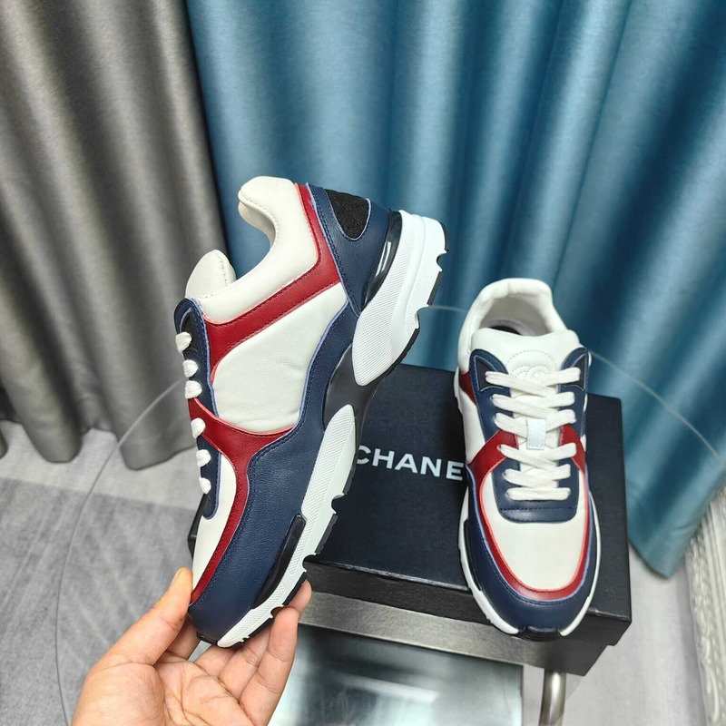 Ch*el calfskin light burgundy sneakers blue red and white