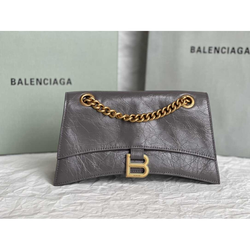 Ba*len*cia*ga women\''s crush small chian bag metallized with aged-gold  b logo in dark grey