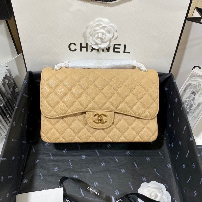 Ch*el classic quilted large double flap beige caviar