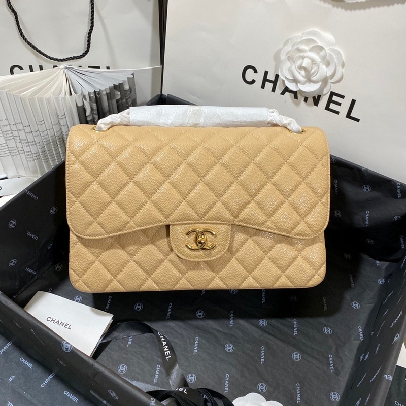 Ch*el classic quilted large double flap beige caviar