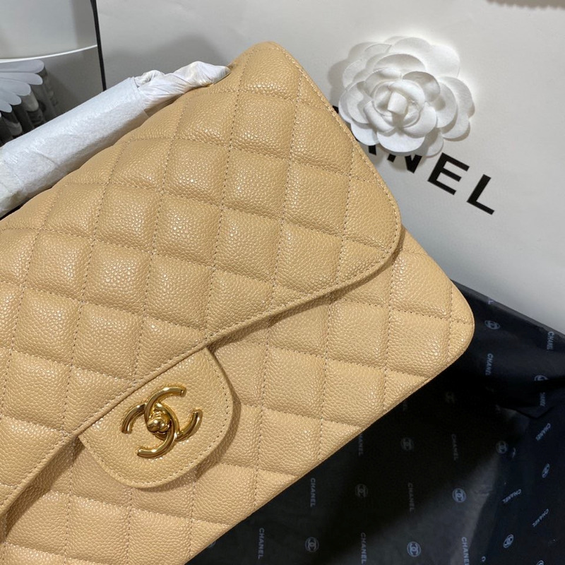 Ch*el classic quilted large double flap beige caviar