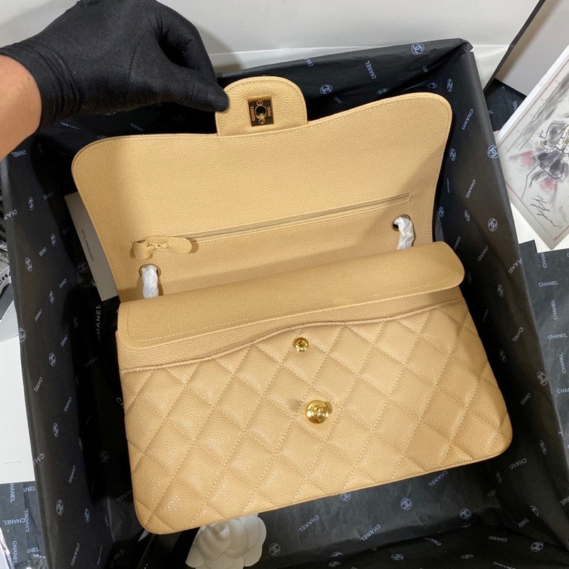 Ch*el classic quilted large double flap beige caviar