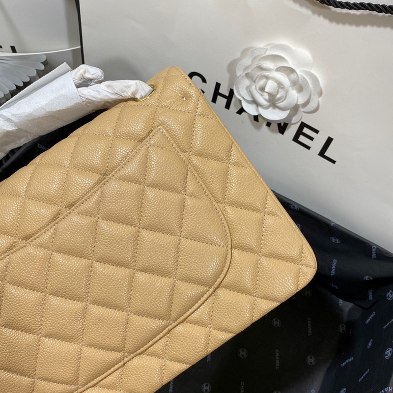 Ch*el classic quilted large double flap beige caviar