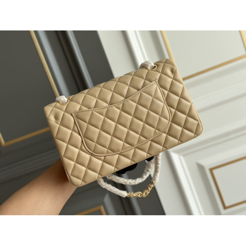 Ch*el classic quilted medium double flap beige lambskin