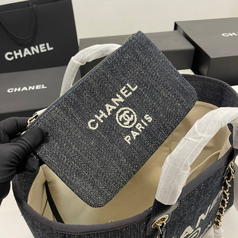 Ch*el small shopping bag mixed fibers calfskin & gold-tone metal grey