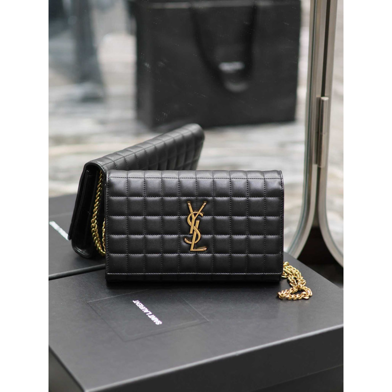 Saint Laurent Lambskin Cassander Chain Wallet Black