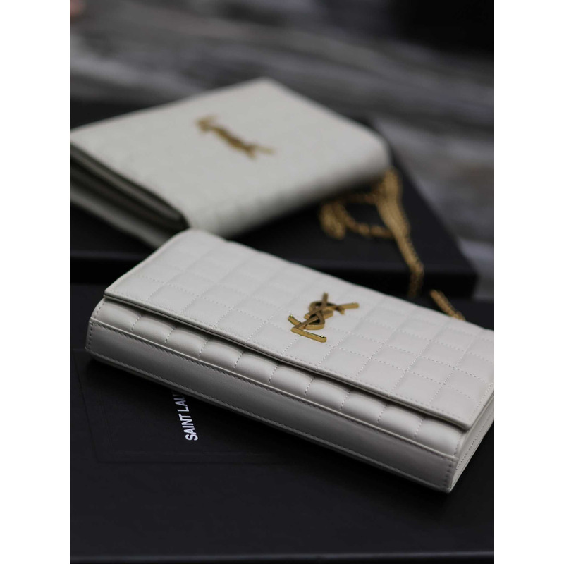 Saint Laurent Lambskin Cassander Chain Wallet White