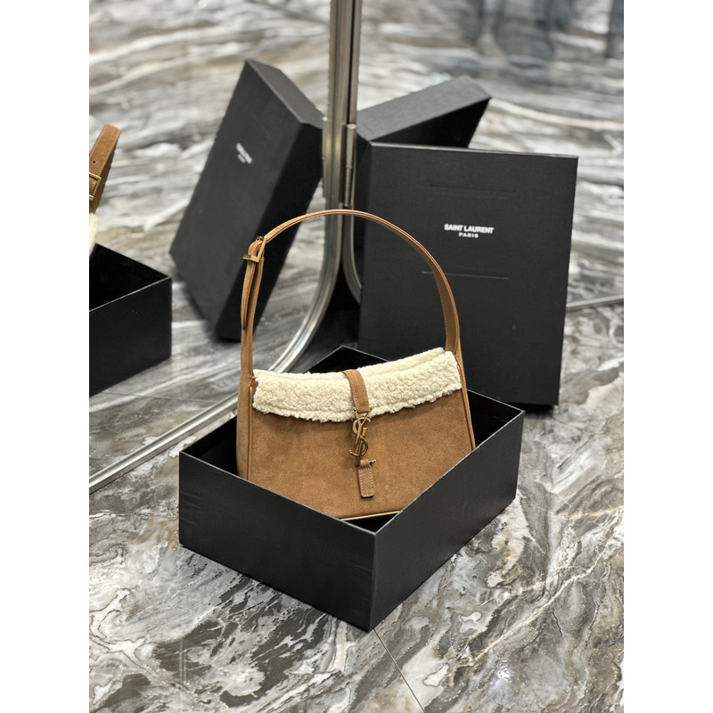 Saint Laurent Le 5 À 7 Hobo Bag In Suede And Shearling Dark Cigar And Natural Beige