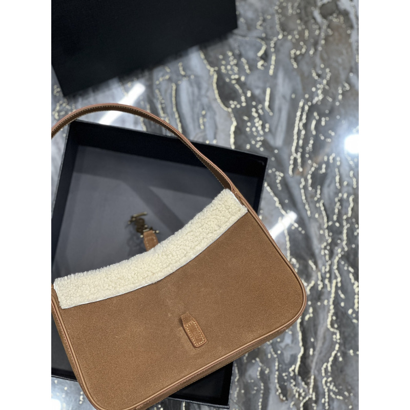 Saint Laurent Le 5 À 7 Hobo Bag In Suede And Shearling Dark Cigar And Natural Beige