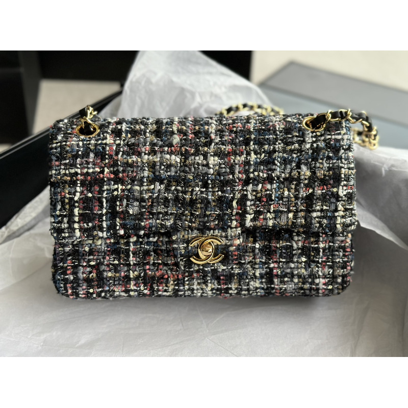 Ch*el tweed cc shoulder bag black and multi