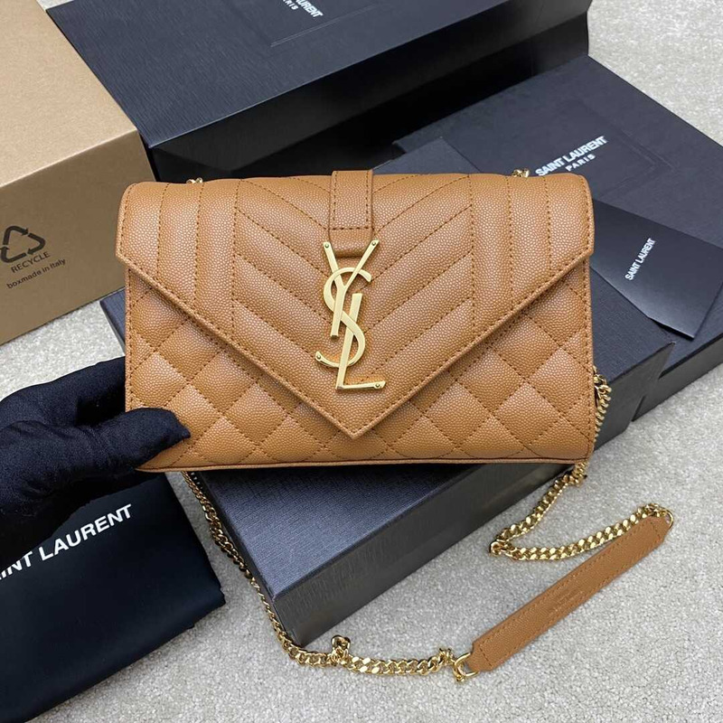 Saint Laurent  Envelope Small In Quilted Grain De Pouder Embossed Leather Flap Dark Naturel