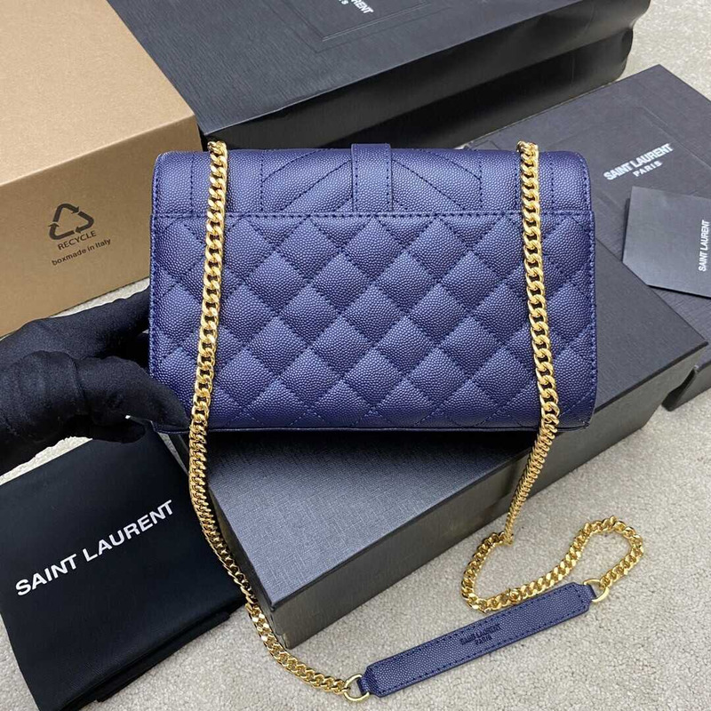 Saint Laurent Envelope Small In Quilted Grain De Pouder Embossed Leather Flap Navy Blue