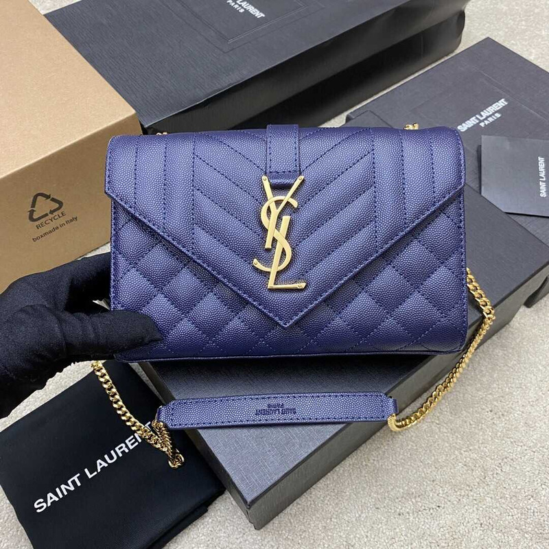 Saint Laurent Envelope Small In Quilted Grain De Pouder Embossed Leather Flap Navy Blue