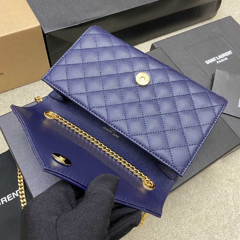 Saint Laurent Envelope Small In Quilted Grain De Pouder Embossed Leather Flap Navy Blue