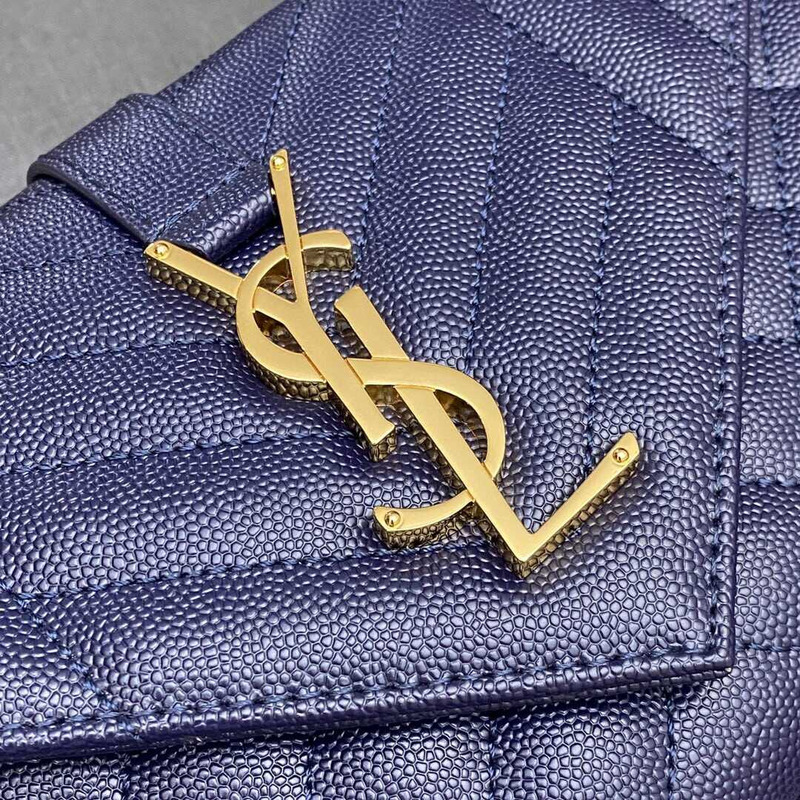 Saint Laurent Envelope Small In Quilted Grain De Pouder Embossed Leather Flap Navy Blue