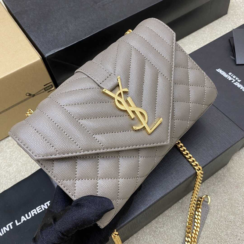 Saint Laurent Envelope Small In Quilted Grain De Pouder Embossed Leather Flap Greyish Brown