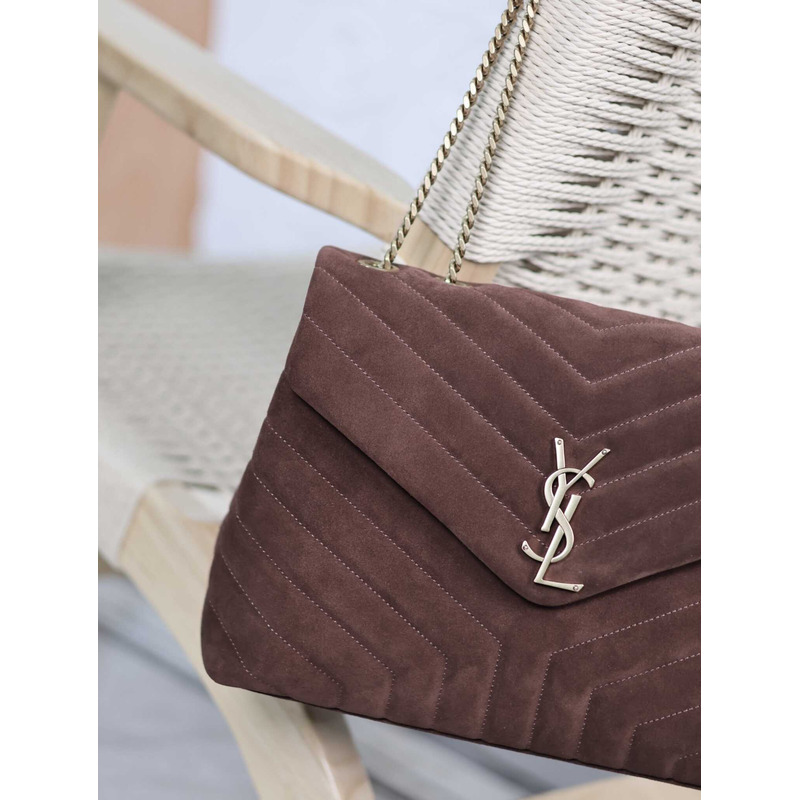 Saint Laurent Medium Loulou Quiled Suede Bag Dark Brown