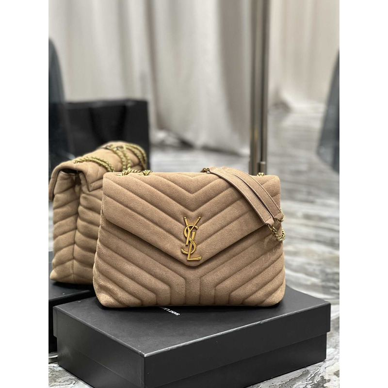 Saint Laurent Medium Loulou Quiled Suede Bag Taupe