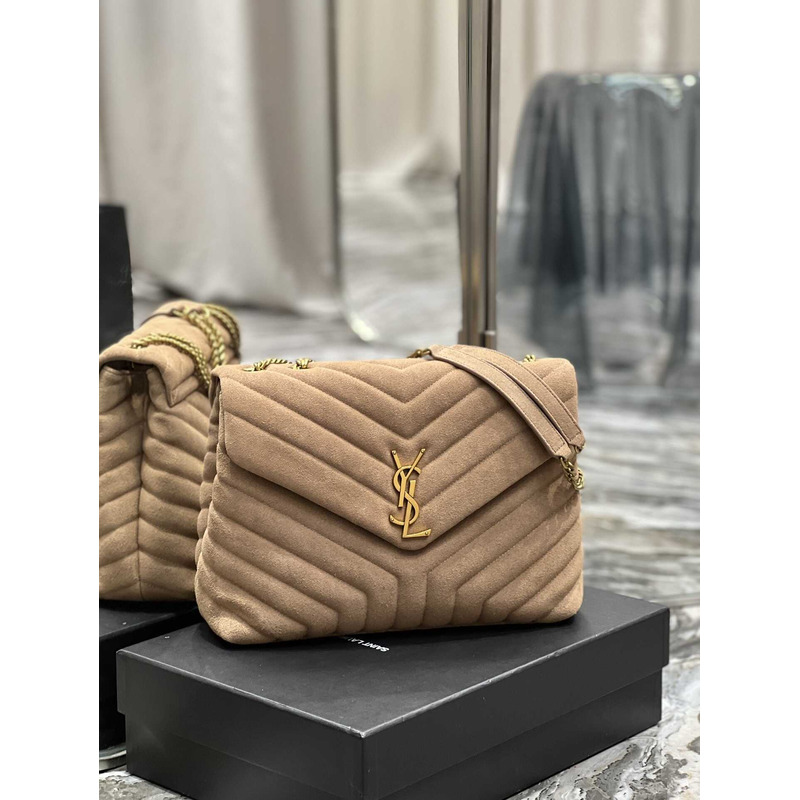 Saint Laurent Medium Loulou Quiled Suede Bag Taupe