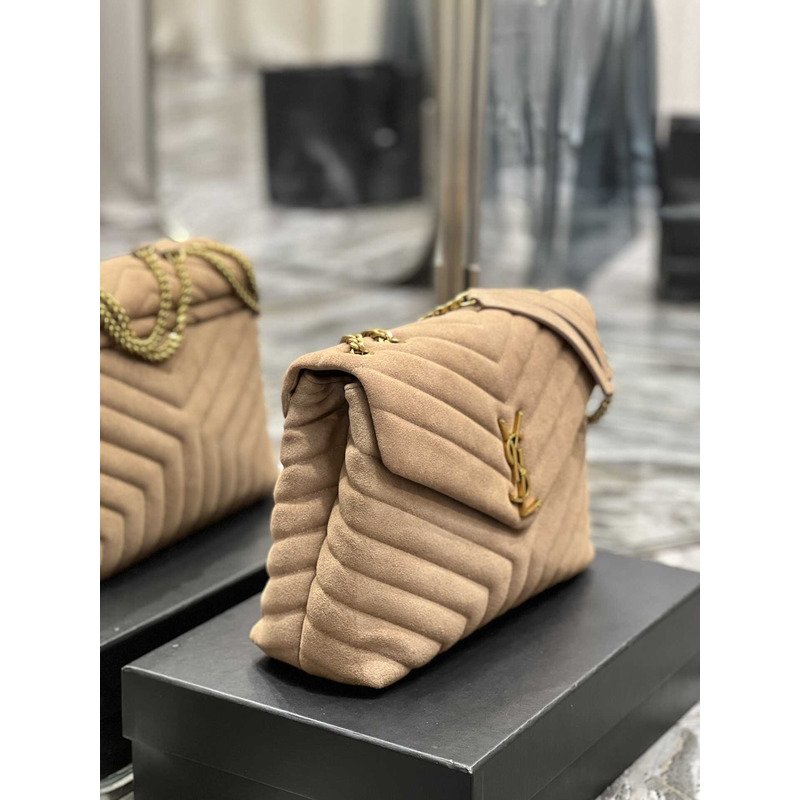 Saint Laurent Medium Loulou Quiled Suede Bag Taupe