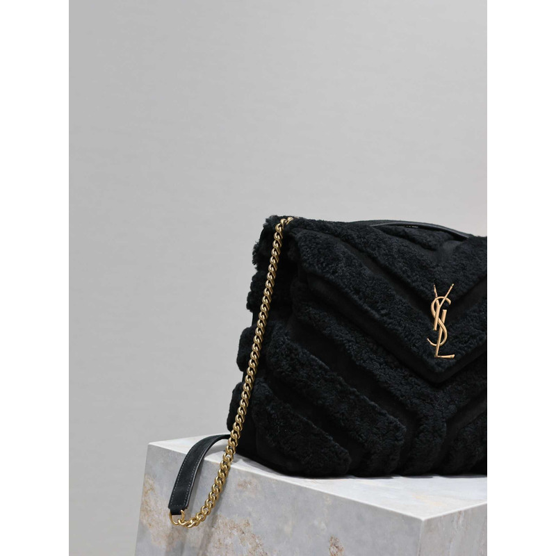 Saint Laurent Medium Loulou Puffer Shearling Shoulder Bag Black