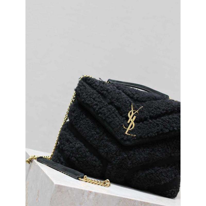 Saint Laurent Small Loulou Puffer Shearling Shoulder Bag Black