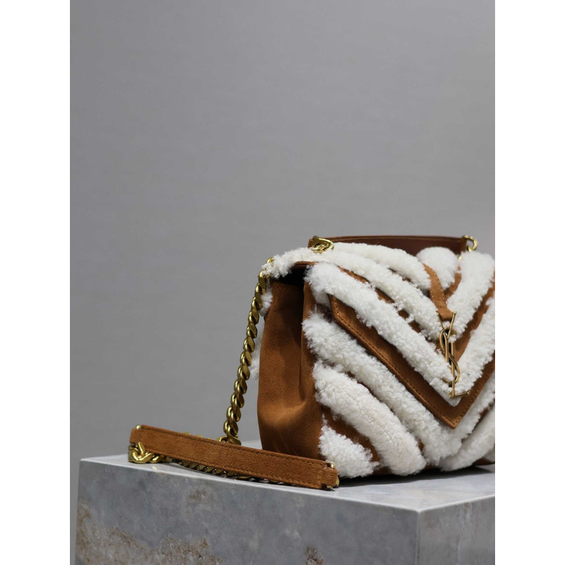 Saint Laurent Small Loulou Puffer Shearling Shoulder Bag Brown/White