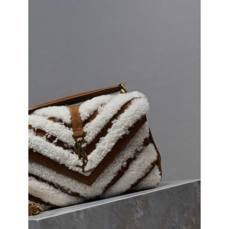 Saint Laurent Small Loulou Puffer Shearling Shoulder Bag Brown/White