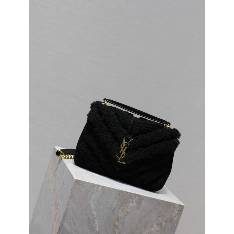 Saint Laurent Small Loulou Puffer Shearling Shoulder Bag Black