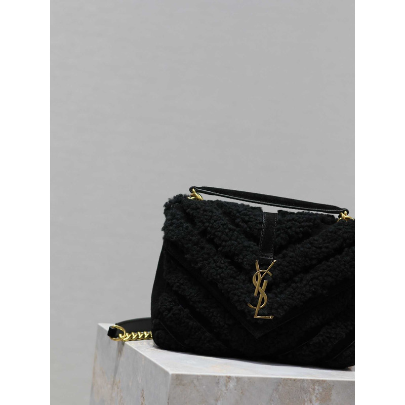 Saint Laurent Small Loulou Puffer Shearling Shoulder Bag Black