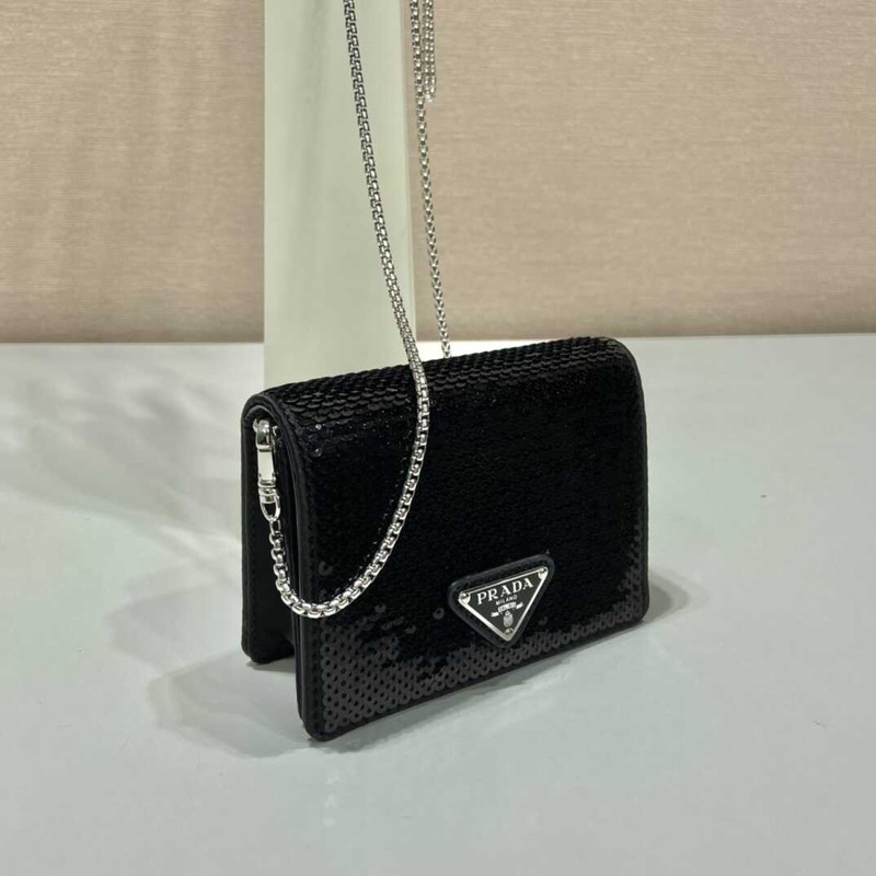 Pra*a sequined card holder with shoulder strap black