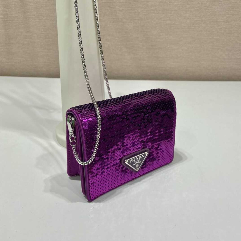 Pra*a sequined card holder with shoulder strap purple