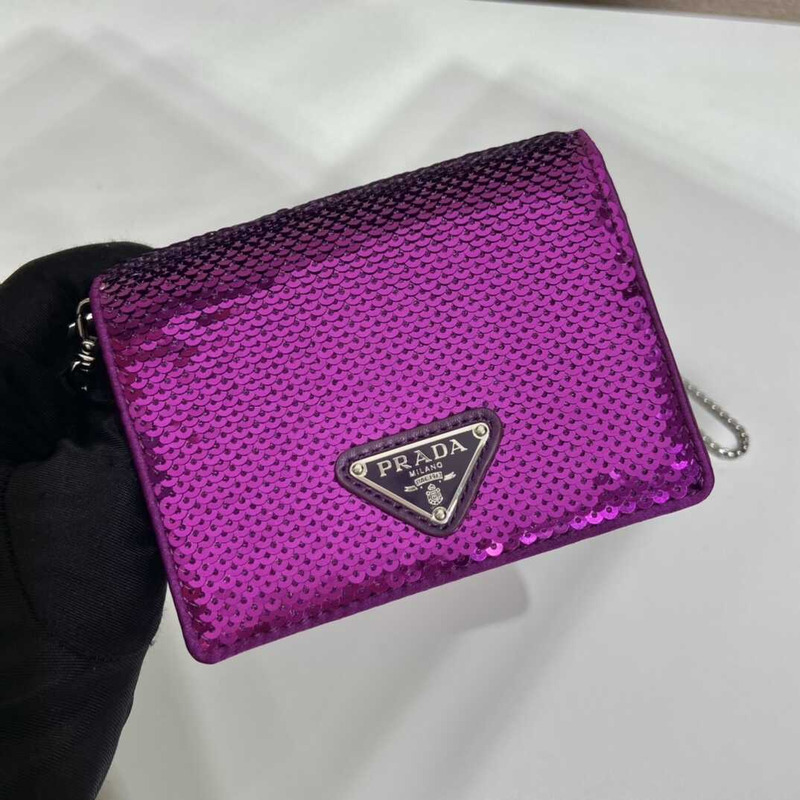 Pra*a sequined card holder with shoulder strap purple