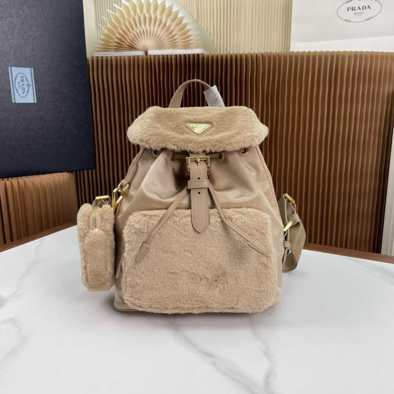 Pra*a medium re-nylon and brushed leather backpack beige