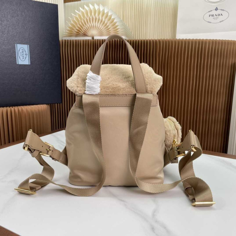 Pra*a medium re-nylon and brushed leather backpack beige