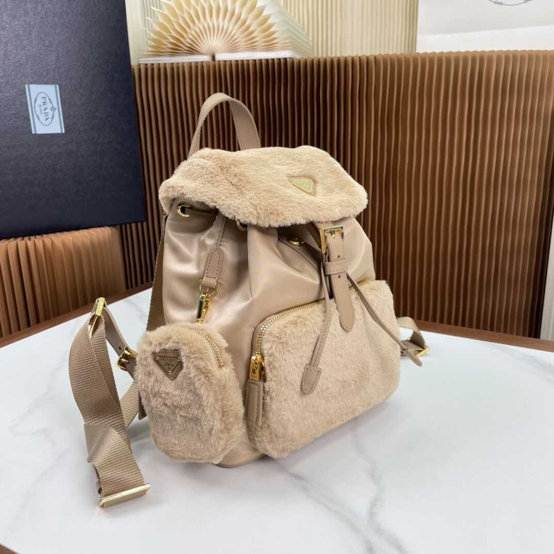 Pra*a medium re-nylon and brushed leather backpack beige