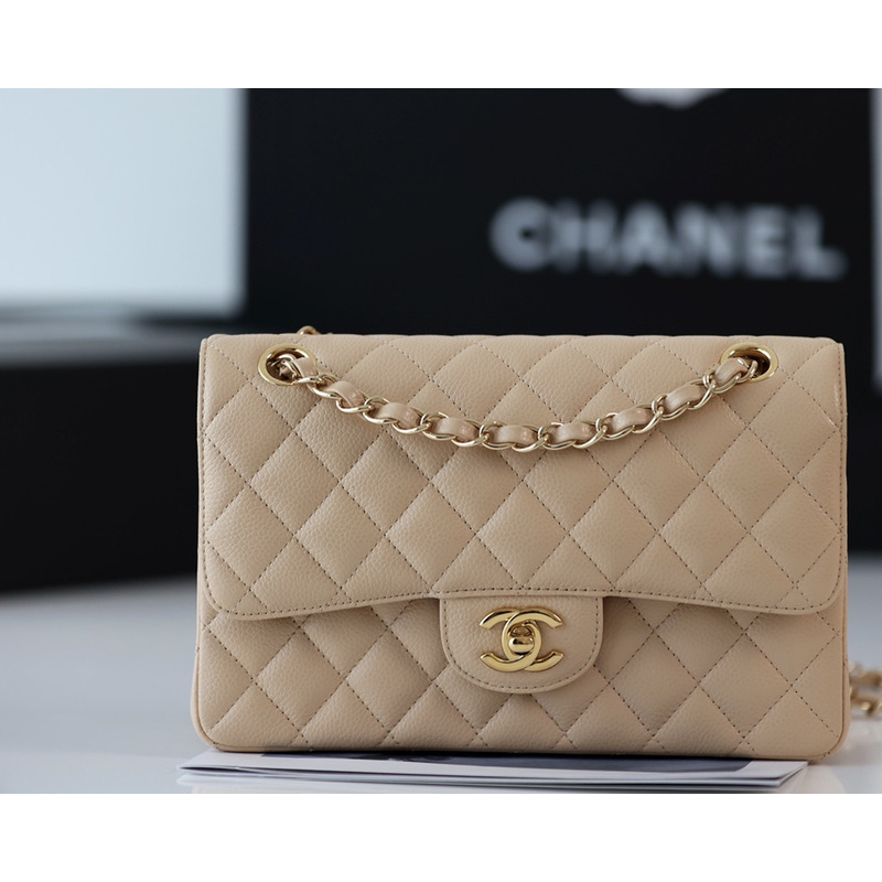 Ch*el small lambskin classic flap gold hardware beige