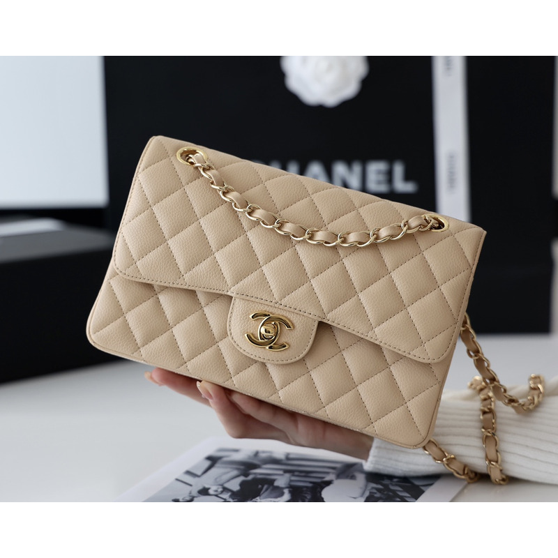 Ch*el small lambskin classic flap gold hardware beige