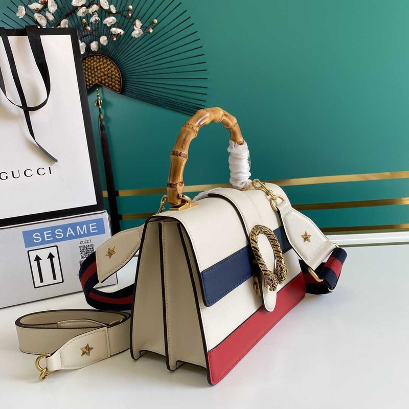 G*u*i dionysus medium bamboo top handle bag white blue and red