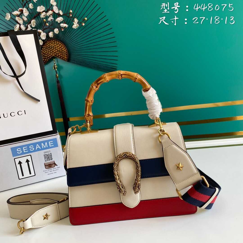 G*u*i dionysus medium bamboo top handle bag white blue and red