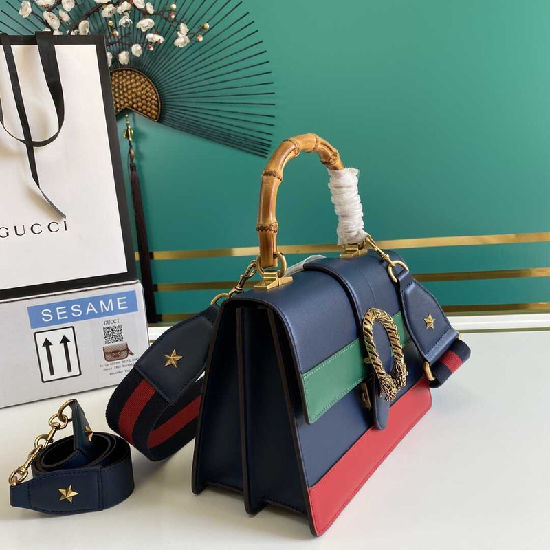 G*u*i dionysus medium bamboo top handle bag blue green and red