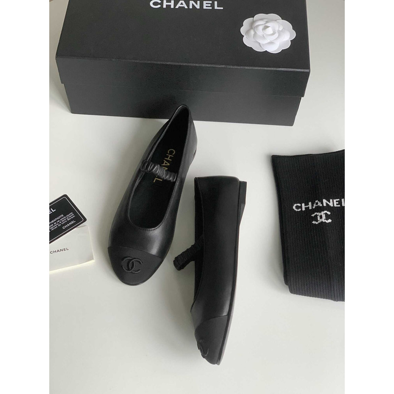 Ch*el ballerina lambskin flats black