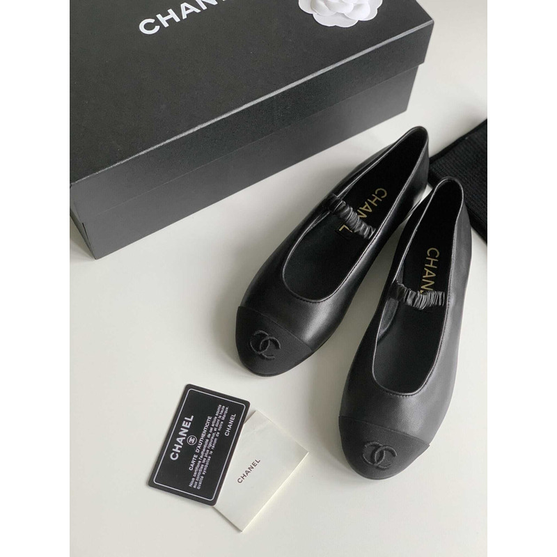 Ch*el ballerina lambskin flats black