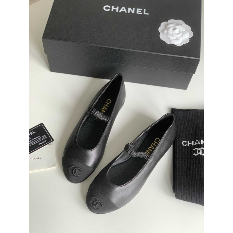 Ch*el ballerina lambskin flats black